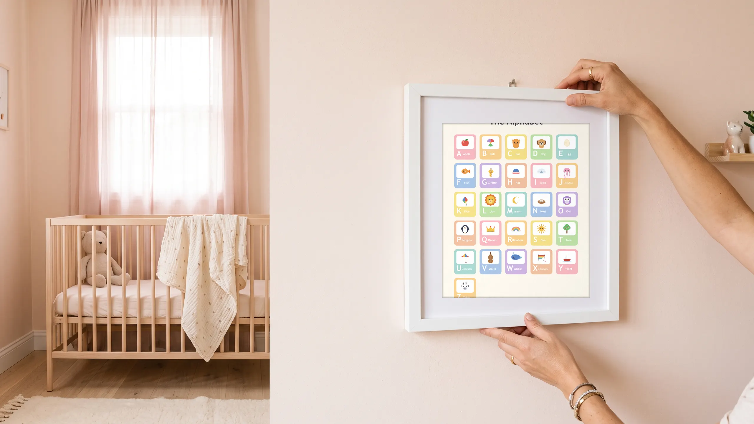Alphabet print being hung in a nursery